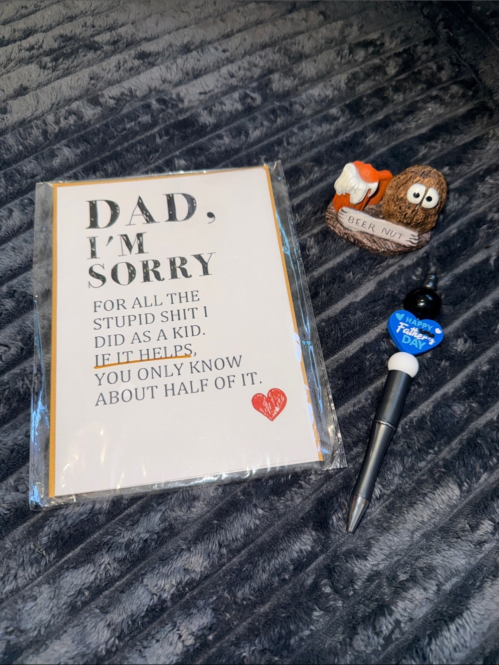 Father’s Day Bundle- Card- blank inside. Hand beaded pen- Beer Nut figurine